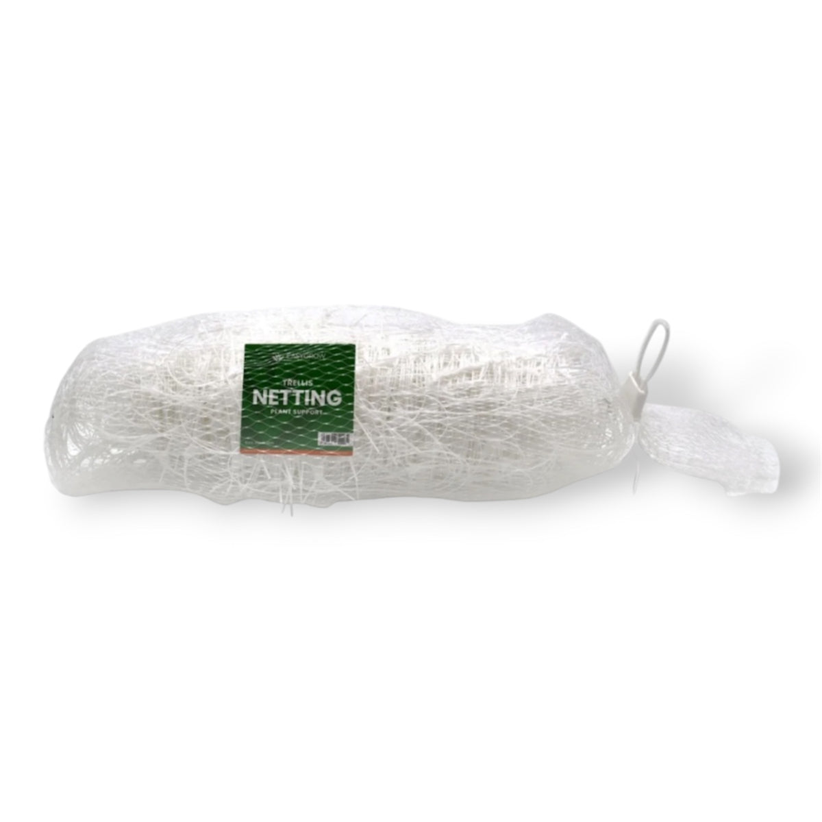 Ein zusammengerolltes Ranknetz in weiß in einer Originalverpackung mit grünem NETTING-Etikett