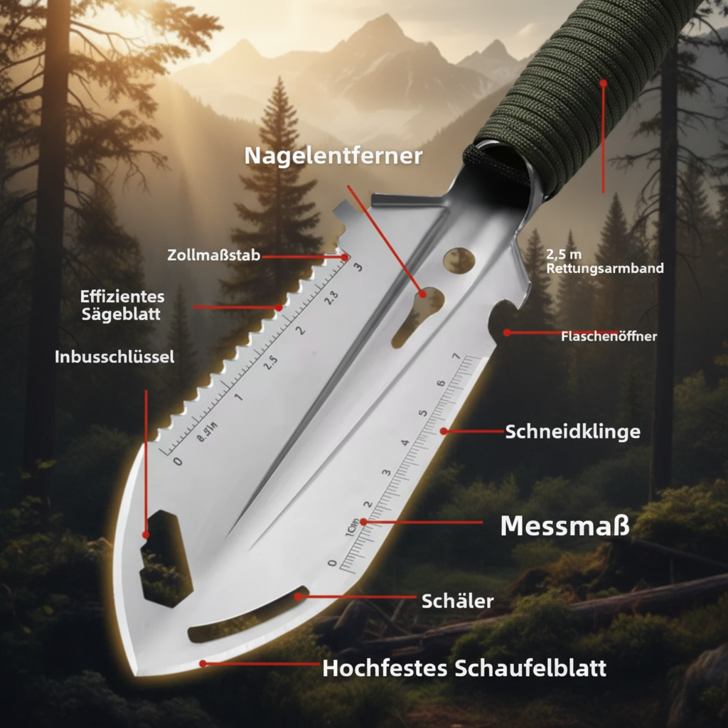 Robuste Camping-Schaufel aus Edelstahl mit Transporttasche
