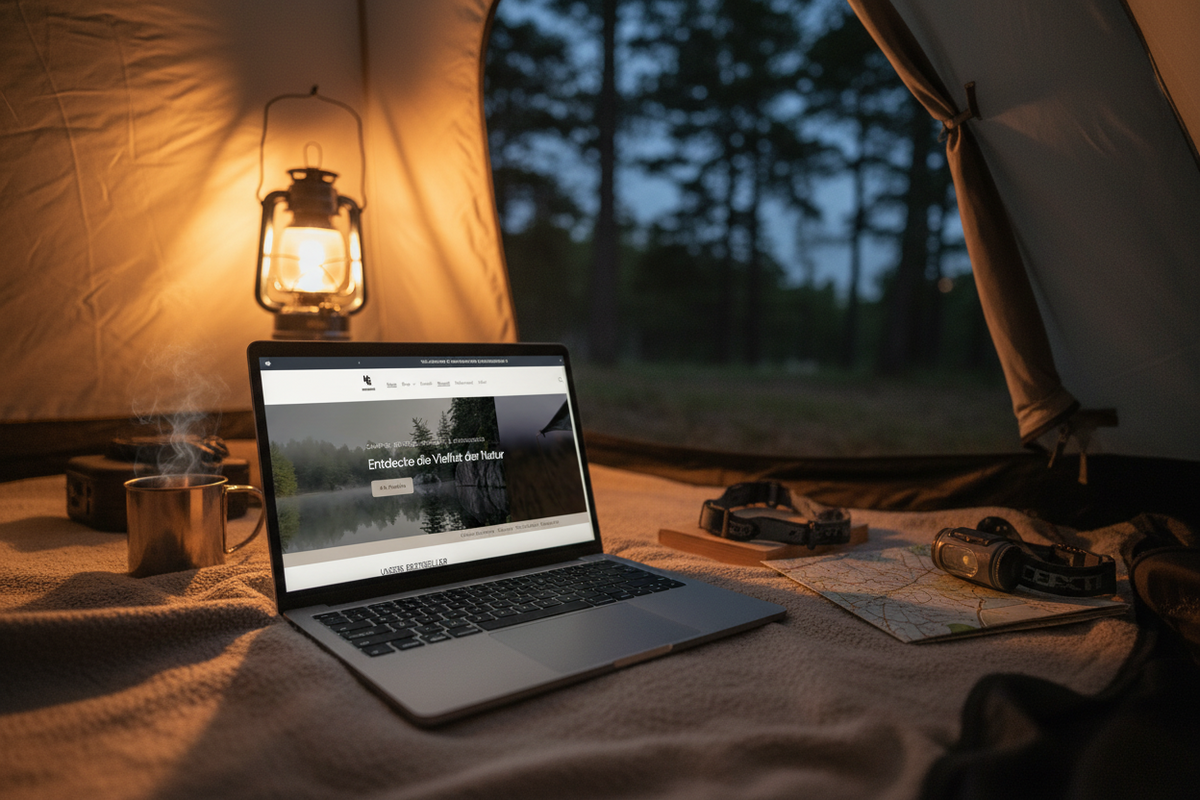Ein geöffneter Laptop in einem Zelt bei Nacht, beleuchtet von einer Campinglaterne, daneben liegen eine Wanderkarte, eine Taschenlampe und eine Kaffeetasse.
