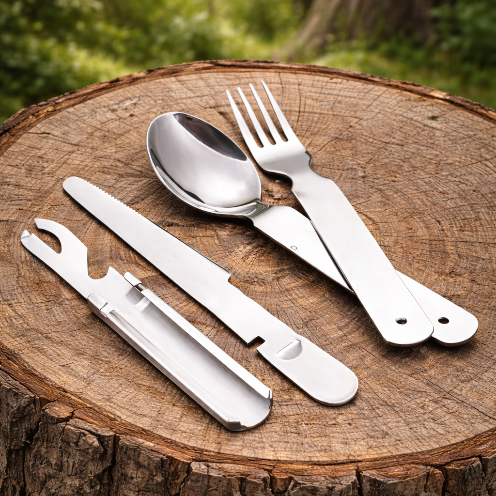 Outdoor Besteckset 4-teilig aus Edelstahl mit Messer, Gabel, Löffel und Flaschenöffner für Camping
