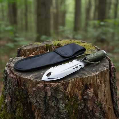 Survival Multitool-Schaufel Detailansicht mit Flaschenöffner und Säge