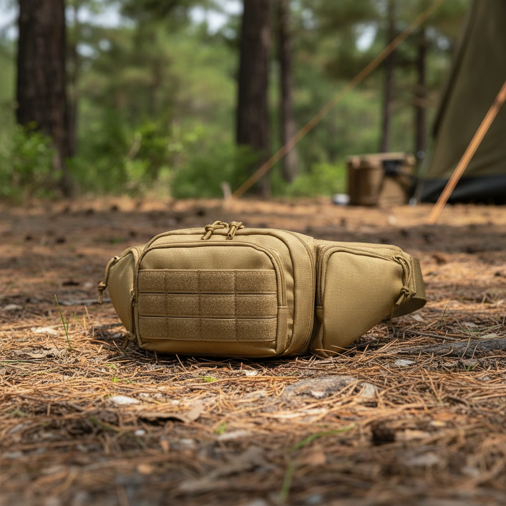 Taktische Bauchtasche Khaki - Frontansicht mit Hauptfach und Reißverschlussfächern