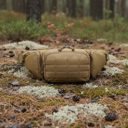 Taktische Bauchtasche Khaki - getragen am Körper für Wandern und Bushcraft