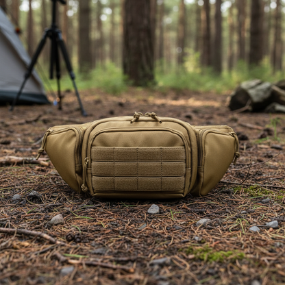 Taktische Bauchtasche Khaki - Seitenansicht mit verstellbarem Hüftgurt